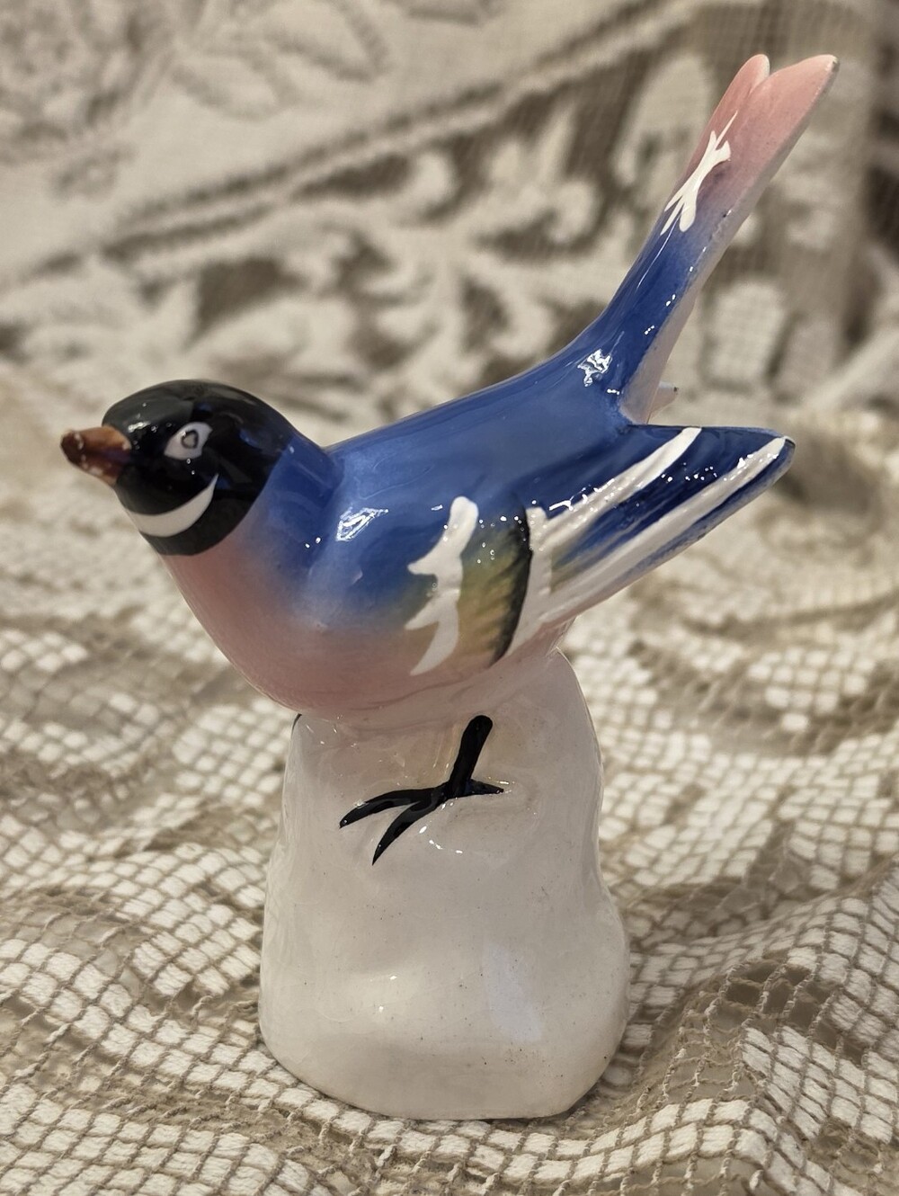 Vintage Japan Porcelain Bluebird Figurine Small Ceramic Bird Tree Stump